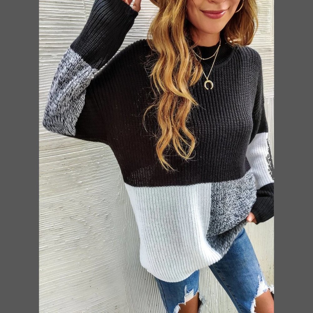 Long Sleeve Colorblock Knit Pullover Sweater Black, Gray, White - Picture 7 of 12